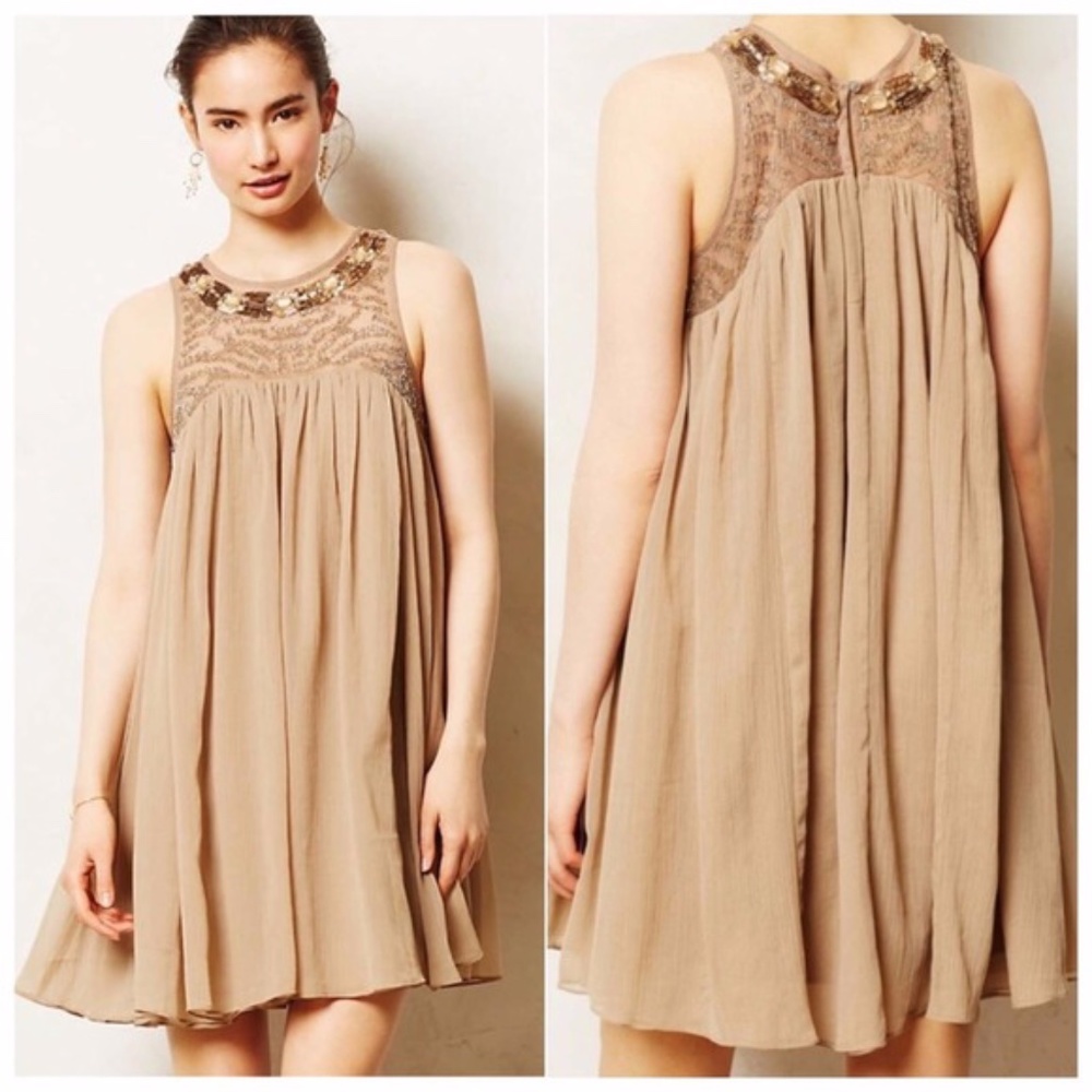 Anthropologie Moulinette Souers Taupe Jeweled Swing Dress